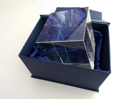 crystal glass cuboid in dark blue giftbox