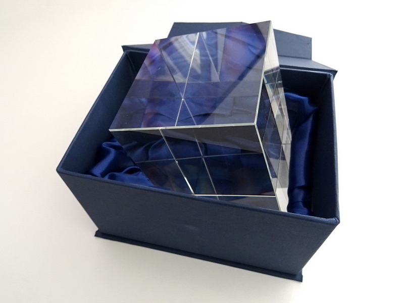 crystal glass cuboid in dark blue giftbox